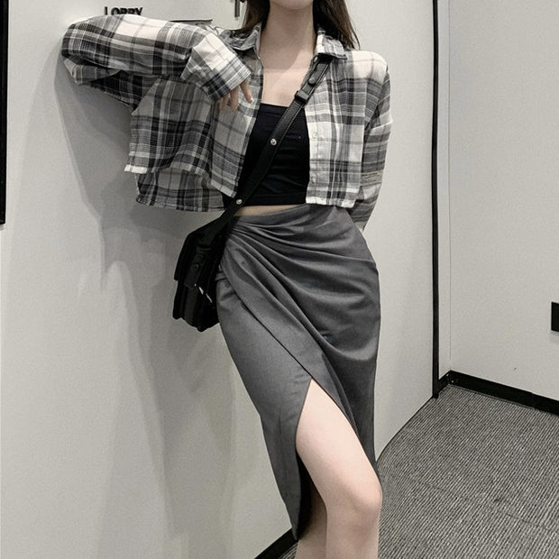 Plaid Shirt Slit Irregular Skirt Suit