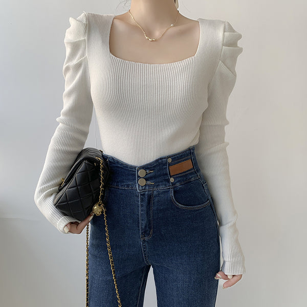 Square Neck Thread Pleated Puff Sleeve Knit Top