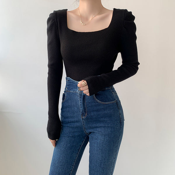 Square Neck Thread Pleated Puff Sleeve Knit Top