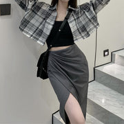 Plaid Shirt Slit Irregular Skirt Suit