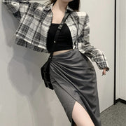 Plaid Shirt Slit Irregular Skirt Suit
