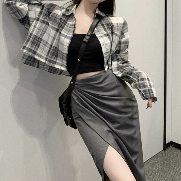 Plaid Shirt Slit Irregular Skirt Suit