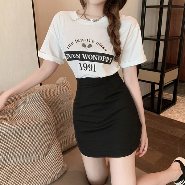 Printed T-Shirt Arc Hem Slit High Waist Skirt Set