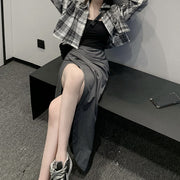 Plaid Shirt Slit Irregular Skirt Suit