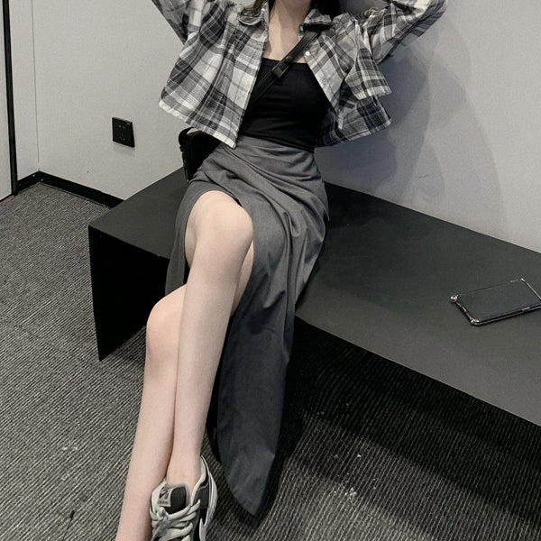 Plaid Shirt Slit Irregular Skirt Suit