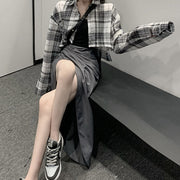 Plaid Shirt Slit Irregular Skirt Suit