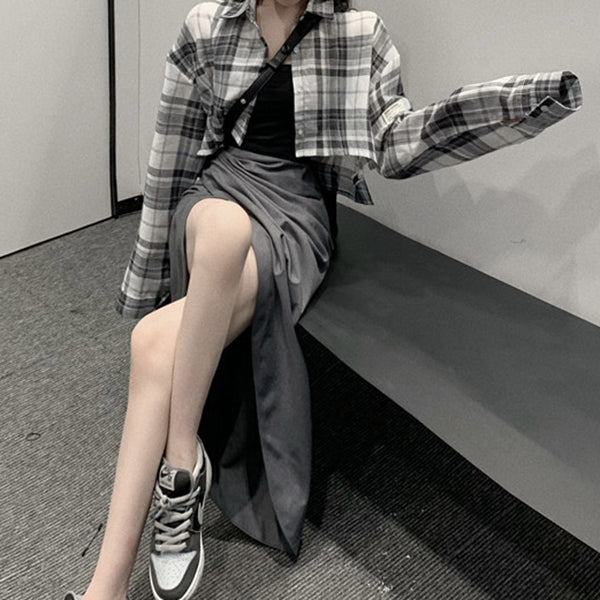 Plaid Shirt Slit Irregular Skirt Suit