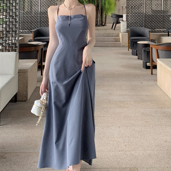 Solid Color Backless Straight Neck Cami Dress