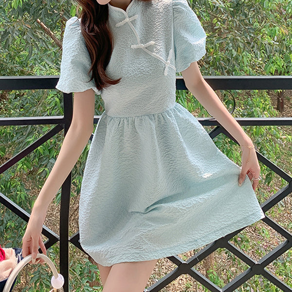 Retro Puff Sleeve Modified Cheongsam Dress