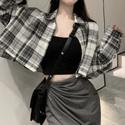Plaid Shirt Slit Irregular Skirt Suit