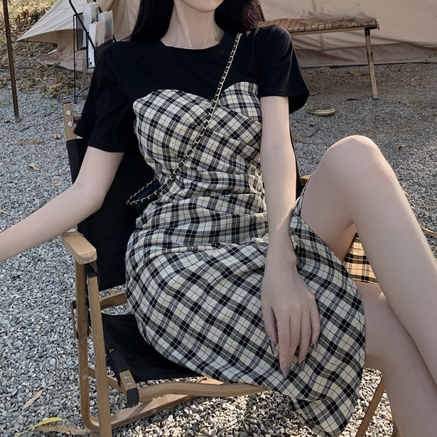 One-step dress with stitching plaid slit
