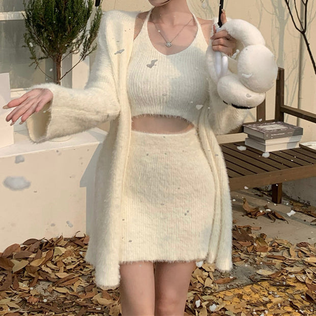 Mohair cardigan sweater camisole skirt knitted set