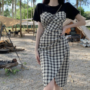 One-step dress with stitching plaid slit