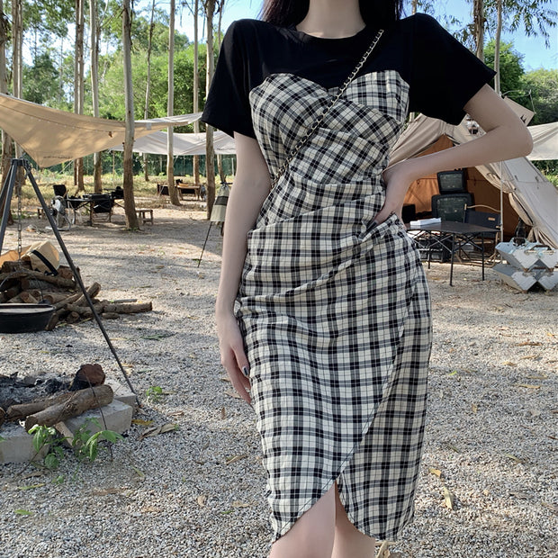 One-step dress with stitching plaid slit