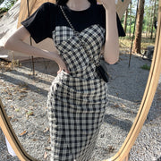 One-step dress with stitching plaid slit