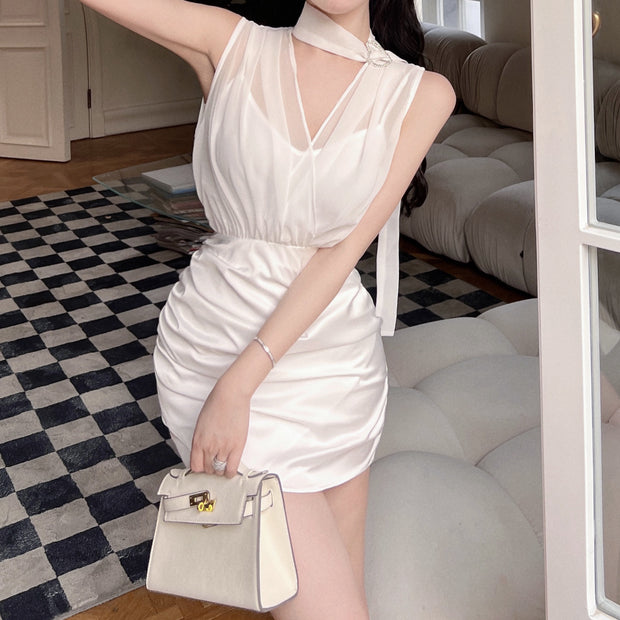 V-neck satin pleated halterneck cami dress