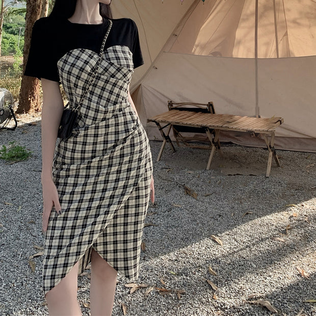 One-step dress with stitching plaid slit