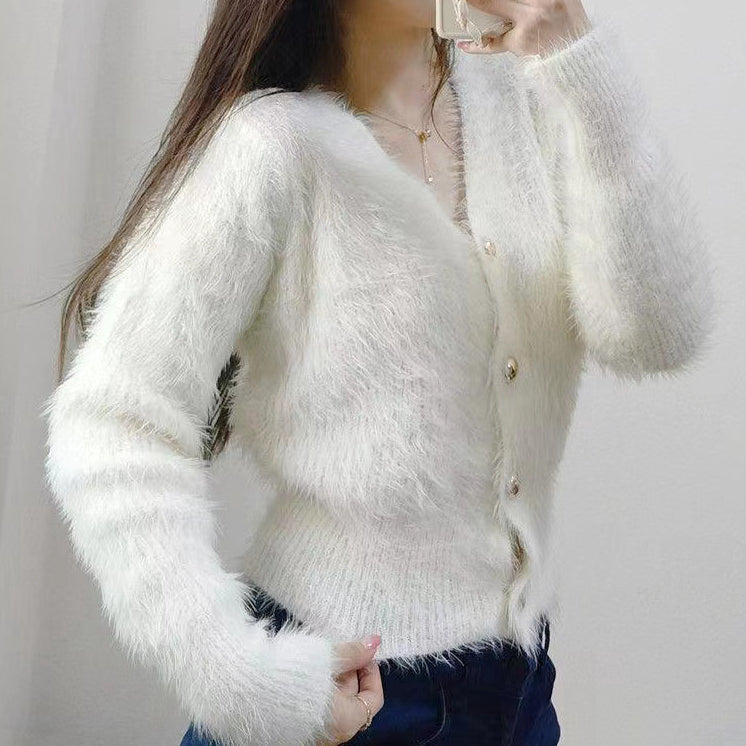 Feather Yarn Sweater V-Neck Mink Fleece Coat