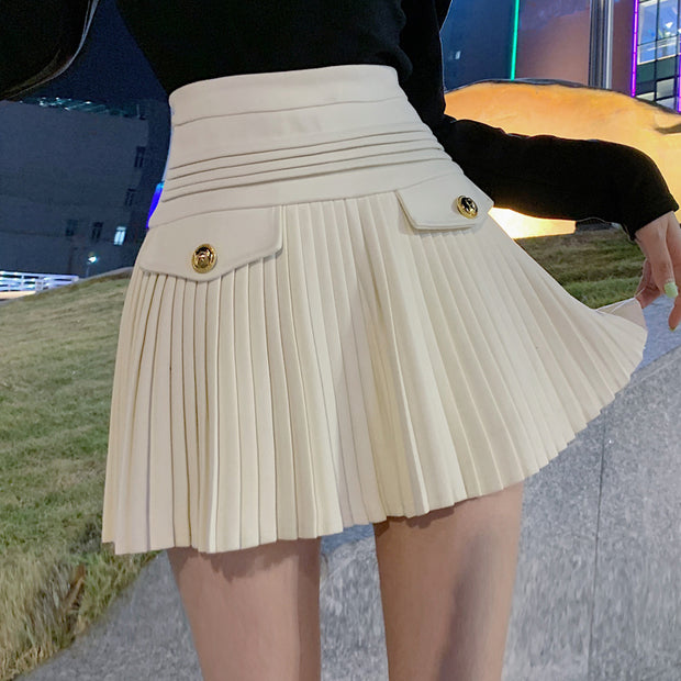High waist pleated solid color a-line skirt