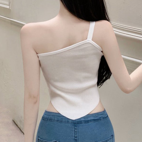 Sexy one-shoulder irregular knitted tank top