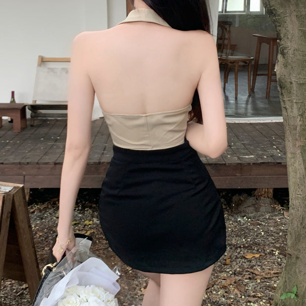 Sleeveless single breasted top black skirt set