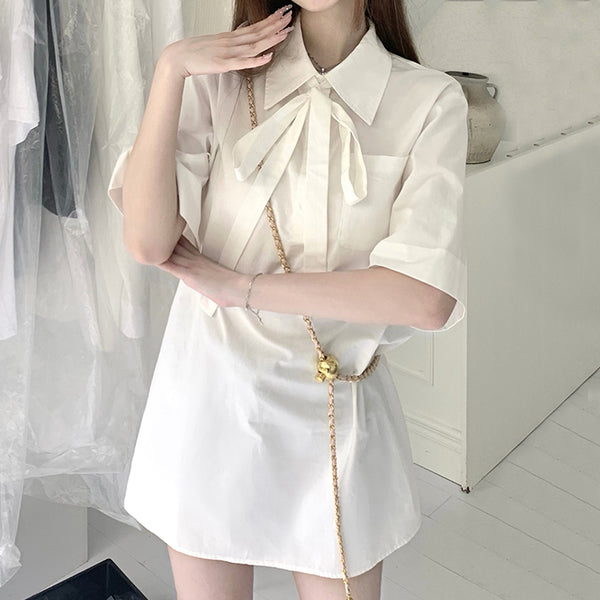 White Short Sleeve Tie Shirt Casual Dress
