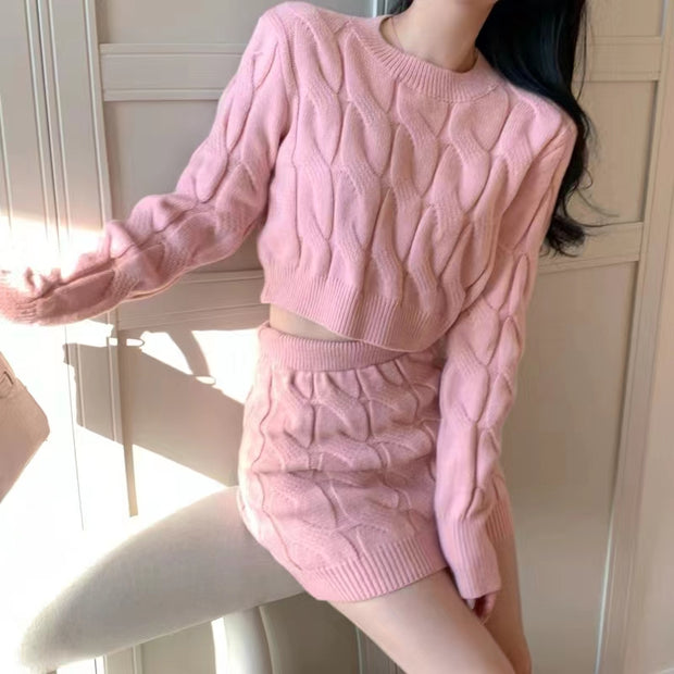Solid Color Long Sleeve Top Knitted Short Skirt Set