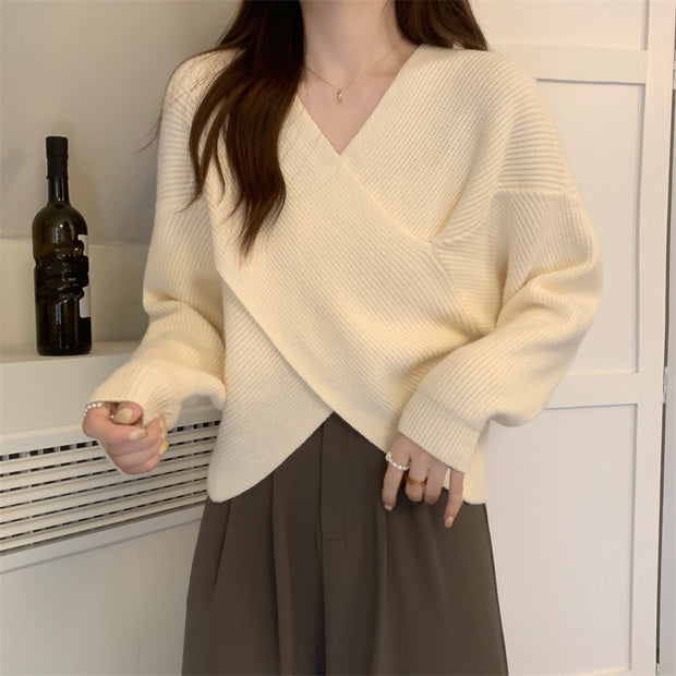 V-Neck Crossover Thermal Long-Sleeve Knitted Sweater