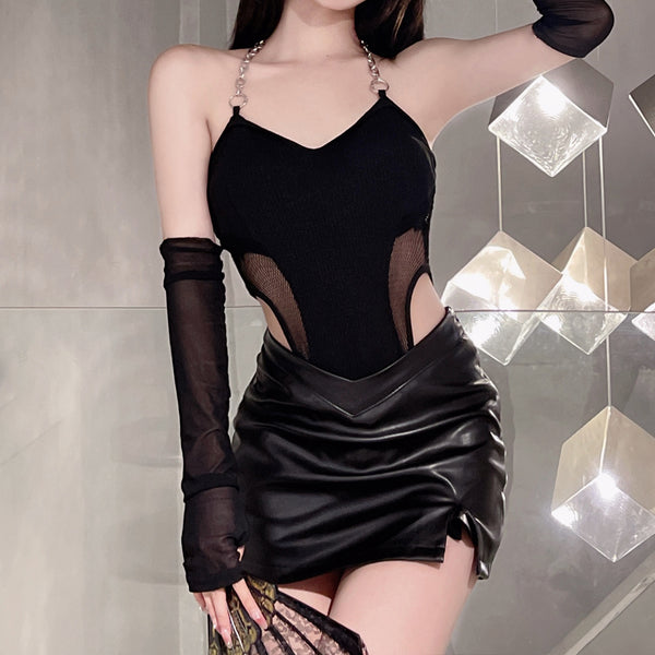 Mesh Chain Backless Bodysuit Leather Skirt Suit