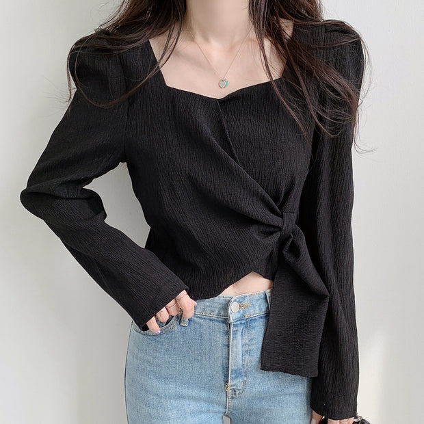 Square neck chiffon clavicle cropped shirt