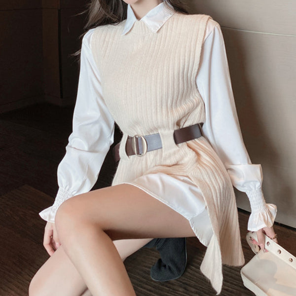 Sleeveless Knit Vest Flared Sleeve Lapel Shirt Set