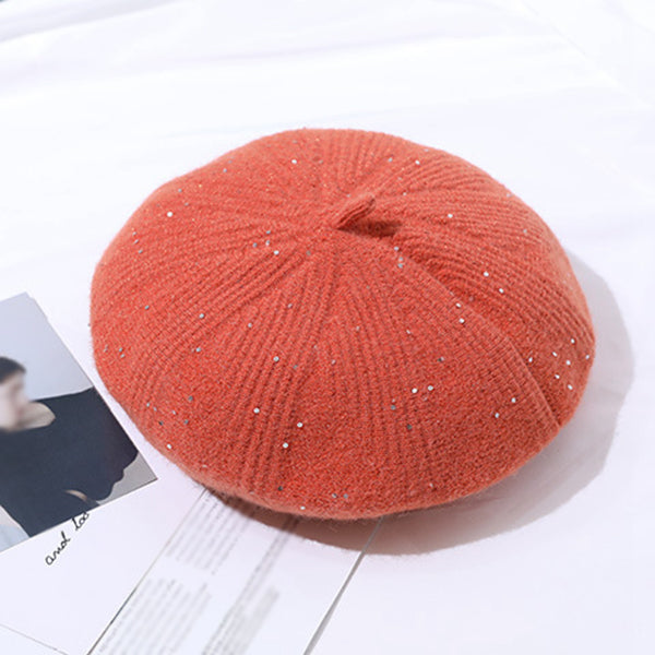 Sequins Solid Color Knit Thermal Beret Hat