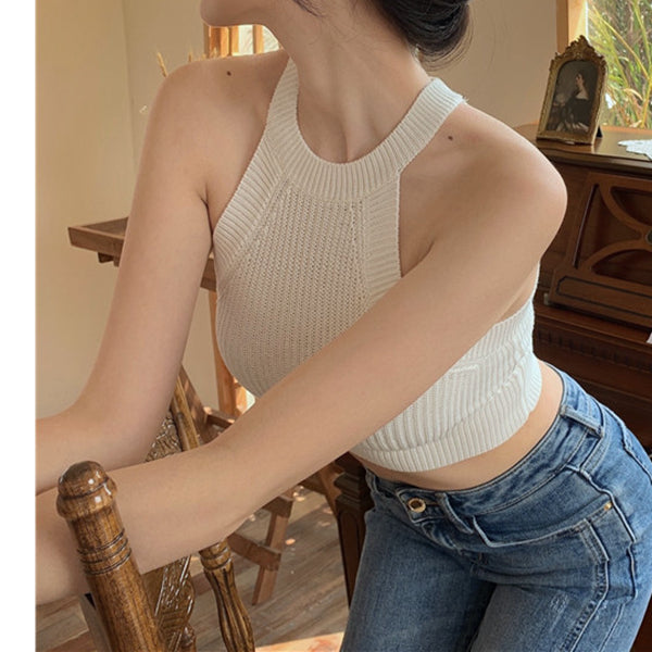 Sexy sleeveless knitted halterneck tank top