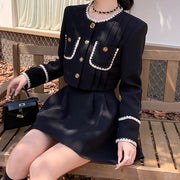 Short black coat top high waist pleated skirt set