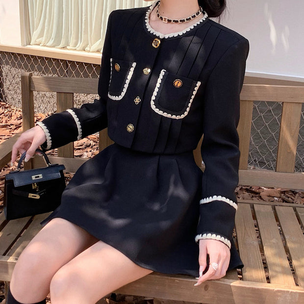 Short black coat top high waist pleated skirt set
