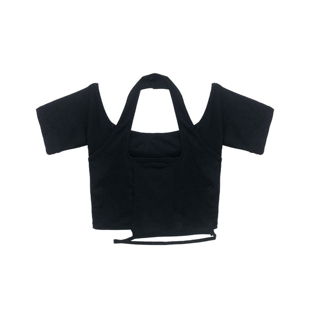 Short Sleeve Fake Two Piece Halter T-Shirt Top