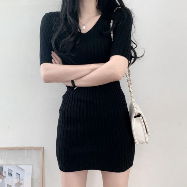 V-neck threaded high waist icy silk dress