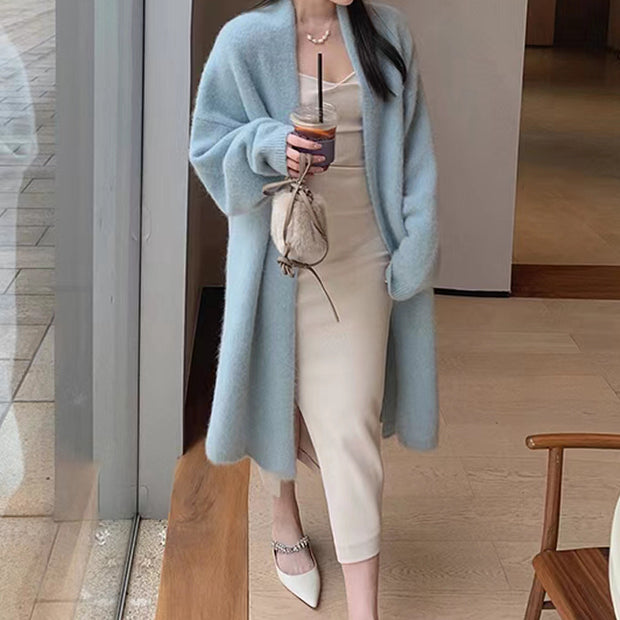 Solid color long sleeve long knit cardigan coat