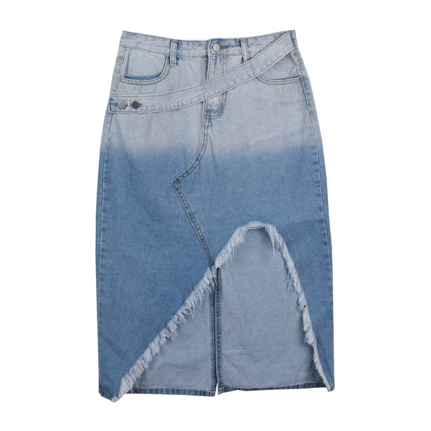 High waist gradient blue denim slit skirt
