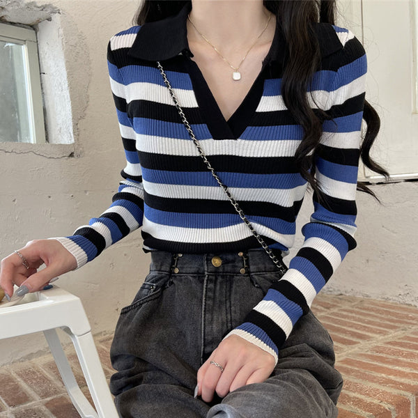 Striped Lapel Long Sleeve T-Shirt Knit Top