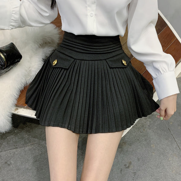High Waist Pleated Solid Color A-Line Skirt