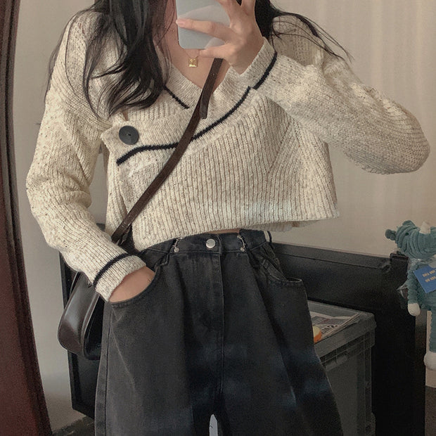 Knit cardigan v-neck top short sweater coat
