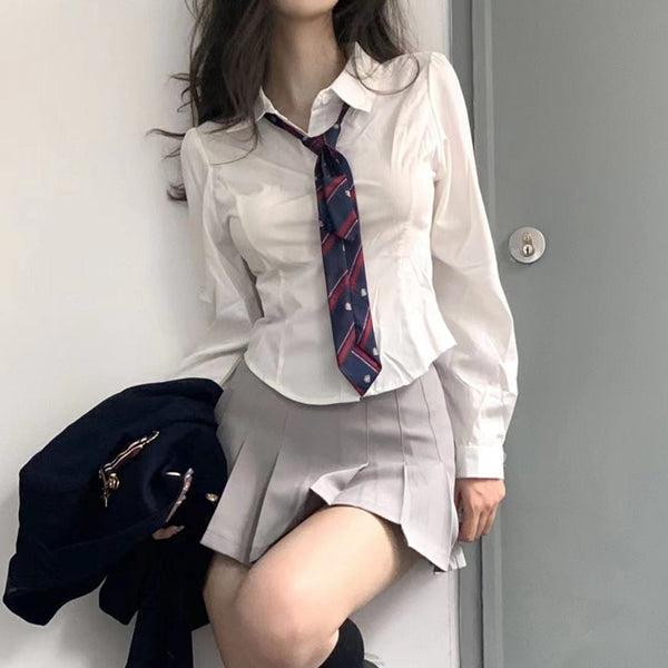 Pleated Skirt Shirt Long Sleeve Top Tie Set