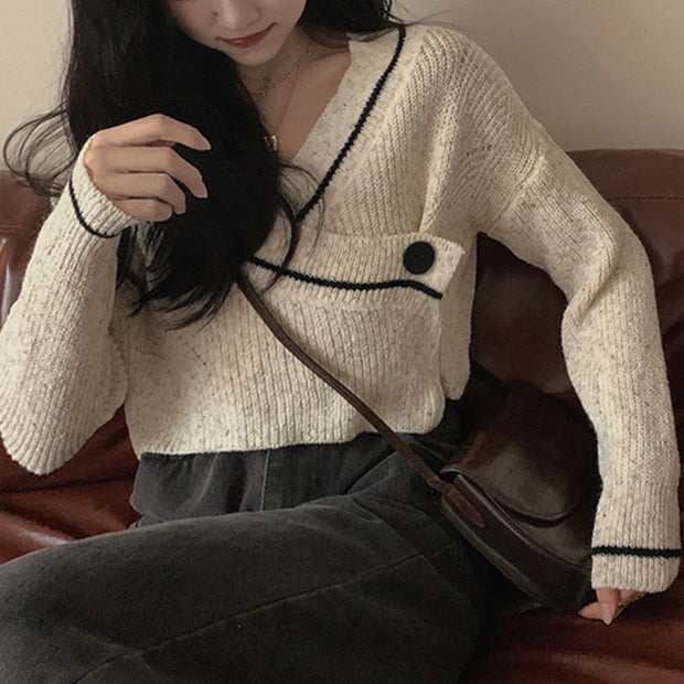 Knit cardigan v-neck top short sweater coat