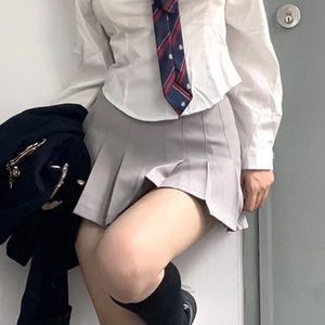 Pleated Skirt Shirt Long Sleeve Top Tie Set