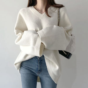 V-Neck Knitted Long-Sleeved Straight Sweater – DRESSVY