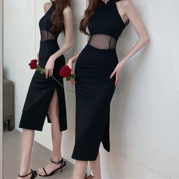 Open-Waist Mesh Stitching Slit Sleeveless Cheongsam Dress