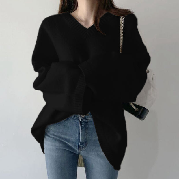 V-neck knitted long-sleeved straight sweater