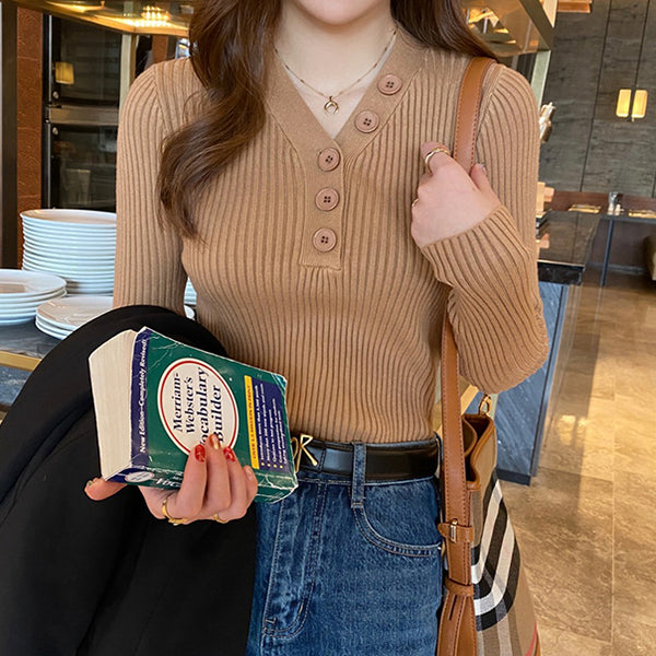 Knitted Button-Down Sweater Long-Sleeve Top
