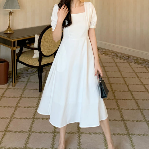 Solid Color Puff Sleeve Square Neck Dress